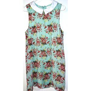 Vintage Lucid-Pink Mint Green Floral Womens Dress White Bib Collar Size LARGE